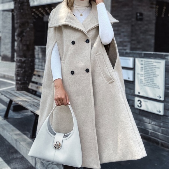 beige button double breast vest trench pea coat - Picture 3 of 7